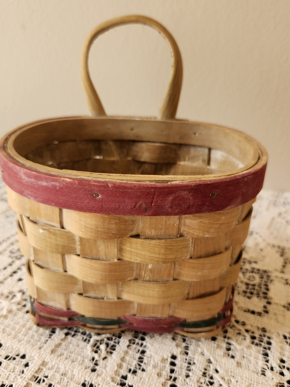 Vintage Handwoven Natural and Red Accent Storage Basket - Home Accents